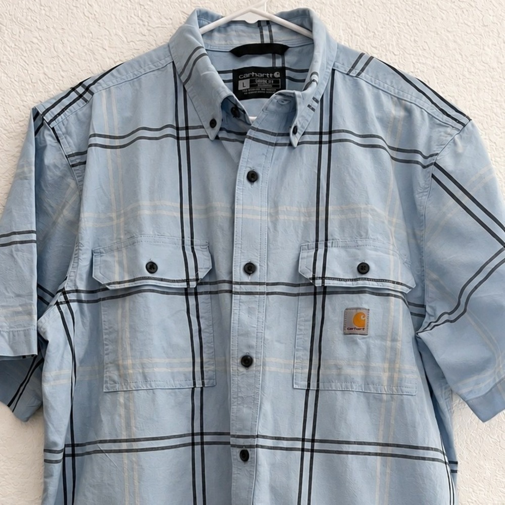 Carhartt Mens Large Loose Fit Plaid Short Sleeve Button Shirt Blue Cotton